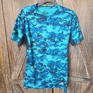 Nike Pro Combat Shirt Womens XL Blue Camo Athletic Sports Compression Dr-Fit
